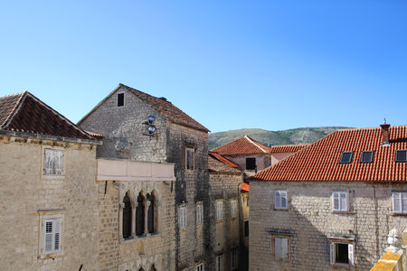 Traditional Mediterranean architectural details in Trogir, Croatia.の写真素材