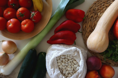 Collection of healthy fruits, vegetables and legumes on white background. Top view.