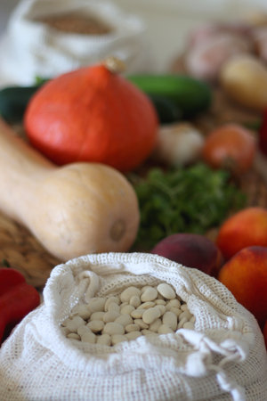 Collection of healthy fruits, vegetables and legumes on white background. Selective focus.の写真素材