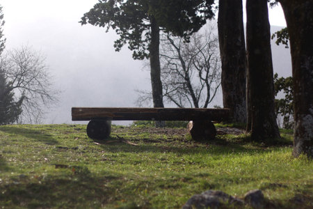 Wooden bench on the mountain. Light snow is falling, Idyllic view.の写真素材