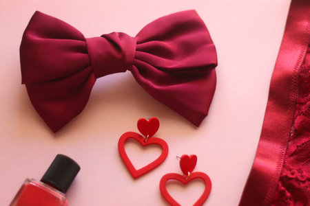 Red lace bralette, hairbow, heart shaped earrings, golden ring, red lipstick and nail polish on pink background. Coquettish accessories for Valentine's day. Selective focus.の写真素材