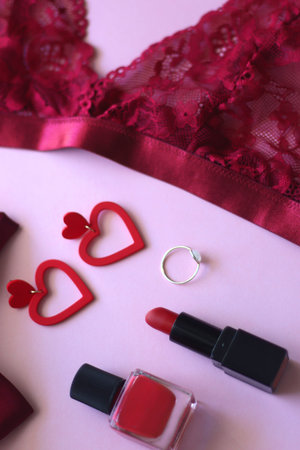 Red lace bralette, hairbow, heart shaped earrings, golden ring, red lipstick and nail polish on pink background. Coquettish accessories for Valentine's day. Selective focus.の写真素材