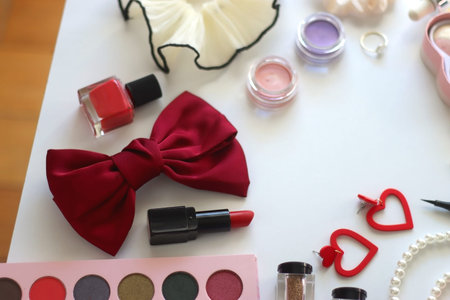 Various accessories and beauty products on white background. Coquette aesthetic. Selective focus.の写真素材