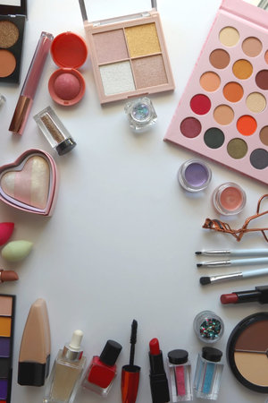 Various colorful cosmetic products on white background. Flat lay.の写真素材