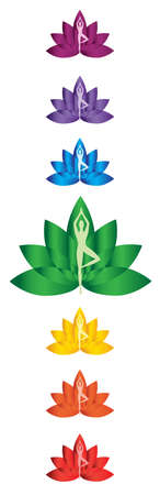 Silhouettes in a yoga position in front of the lotus flower and chakra colorsのイラスト素材