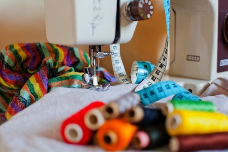 Sewing tools and a colorful materialの写真素材