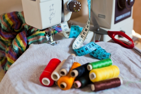Sewing tools and a colorful materialの写真素材