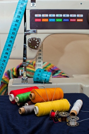 Sewing tools and a colorful materialの写真素材