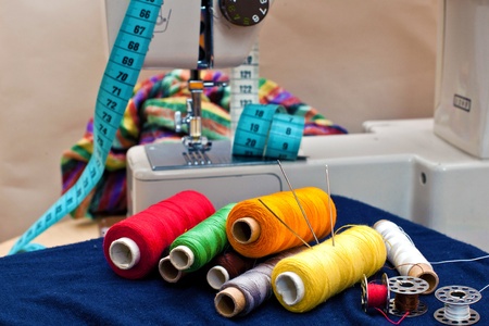 Sewing tools and a colorful materialの写真素材