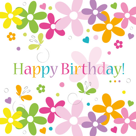 hearts flowers and butterflies happy birthday card on white backgroundのイラスト素材
