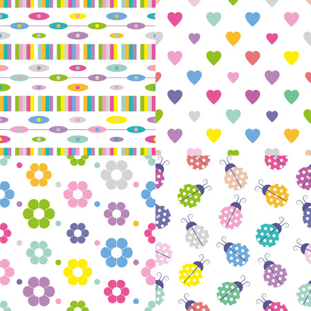 abstract, hearts, flowers and ladybugs pattern collection のイラスト素材