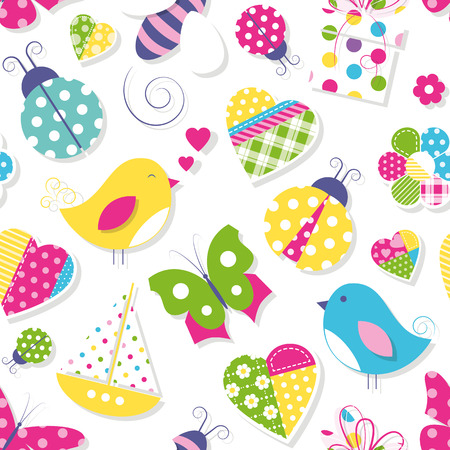 cute hearts flowers toys and animals patternのイラスト素材
