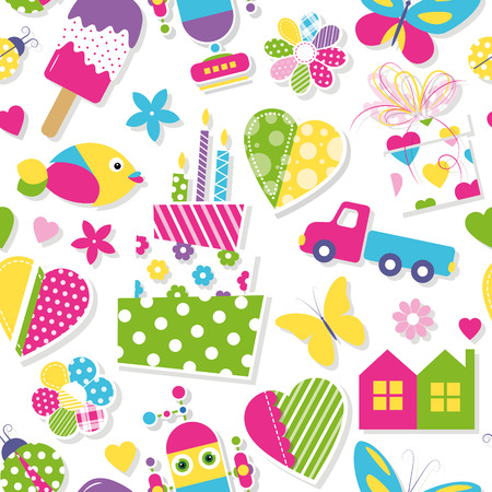 cute birthday cake, hearts, flowers, toys and animals patternのイラスト素材