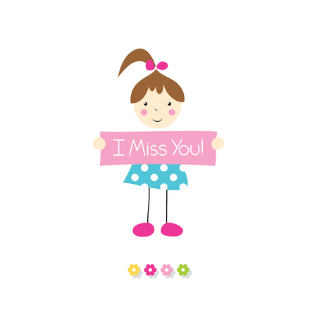 little brown haired girl holding I miss you signのイラスト素材