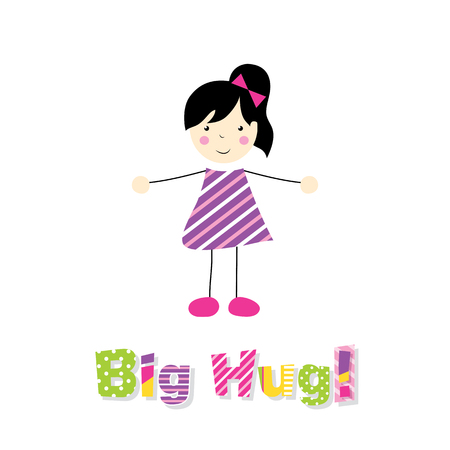 little black haired girl spreading arms with big hug typographyのイラスト素材