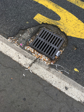 Cigarette buds on a city bus stop, near the street water drainage, polluting the sewage and endangering the environmentの写真素材