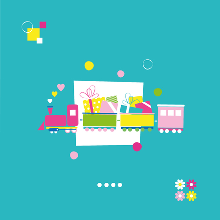 Colorful pink, yellow and green train greeting card transporting birthday presents on white and turquoise backgroundのイラスト素材
