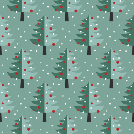 Cute Christmas tree seamless pattern illustration with white snowflakes and red ornaments on green backgroundのイラスト素材