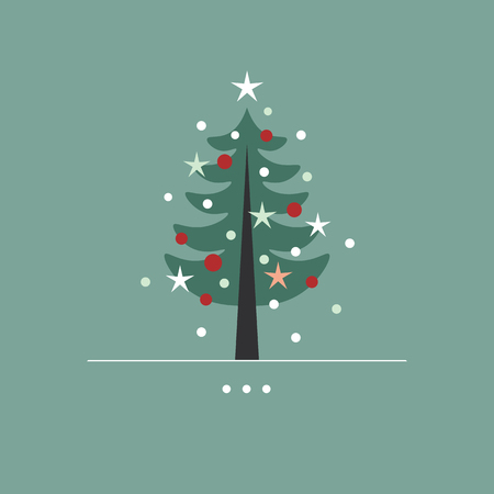 Cute Christmas tree illustration with white snowflakes, stars and red ornaments on green backgroundのイラスト素材