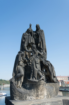 Sculpture at Charles Bridge on Vltava river in Prague, Czech Republicのeditorial素材