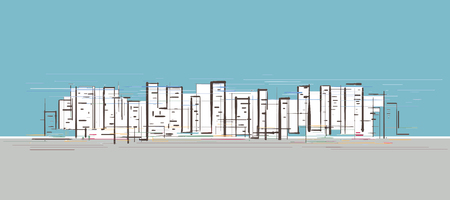 Hand drawn sketch of high rise buildings in a busy city center with blue sky and grey sidewalk background colorのイラスト素材