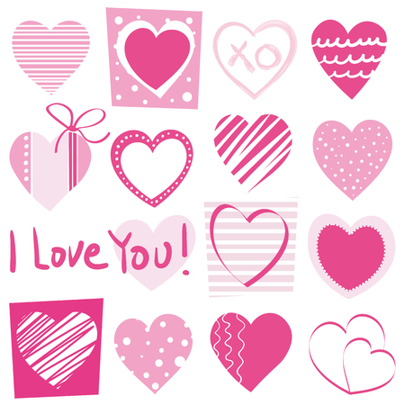 Valentineâs day hand drawn pink dotted and striped hearts collection pattern with I love you typography on white backgroundのイラスト素材