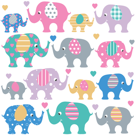 Cute collection of pink, blue, green and violet grown up and baby elephants, with striped ears and colorful hearts, on white backgroundのイラスト素材