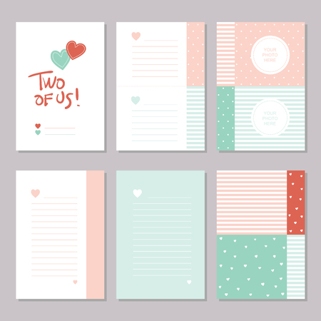 Six red, green and white male and female notebook stationary pages, with hearts, lines, photo frames, patterns and two of us hand written typographyのイラスト素材