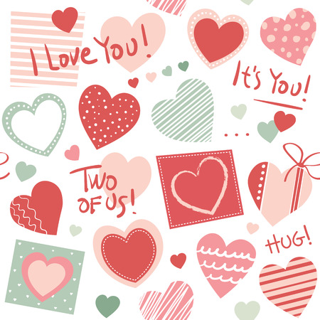 Red, pink and green hearts collection seamless pattern, with hand written I love you text and striped and dotted squares, on white backgroundのイラスト素材