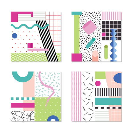 Four pink, green and blue Memphis style geometric designs, with decorative patterns, circles, rectangles and zig zag lines, for postcards, abstract art posters, notebook or stationary coversのイラスト素材