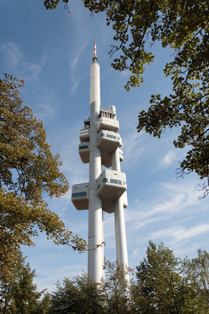 Czech Republic, Prague - September 19, 2018: Zizkov television tower (1985-1992), designed by Vaclav Aulicky and Jiri Kozak, on top of the hill in the Zizkov districtのeditorial素材