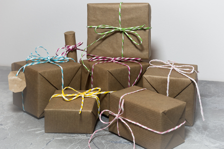 Handmade gift boxes, Christmas and New Year holidays conceptの写真素材