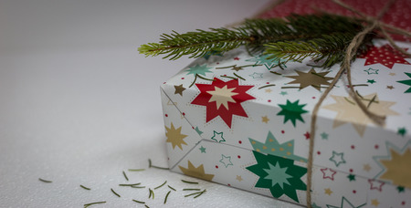 Close-up view of gift box and fir tree isolated on white background with empty space for text....