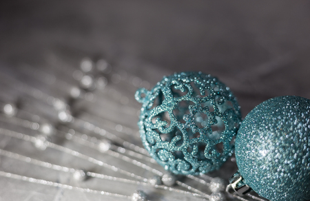 Blue and silver xmas decoration with copy space. Christmas and New Year holidays concept.の写真素材