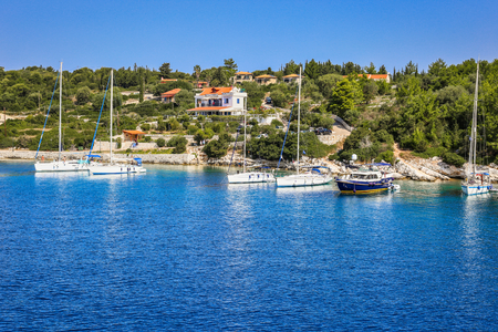 Beautiful view of the bay of Fiskardo. Fiskardo is a picturesque fishing village located on the northern most tip of Kefalonia island, Greeceのeditorial素材