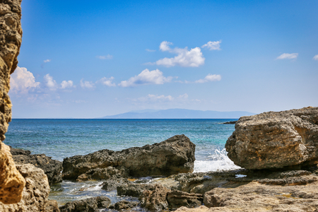 Rocky beach in Pessada bay on Kefalonia island, Greeceの写真素材