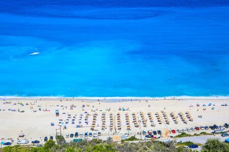 A view from above of the famous Myrtos beach on Kefalonia, one of the most idyllic beaches of the Greek islands.の写真素材