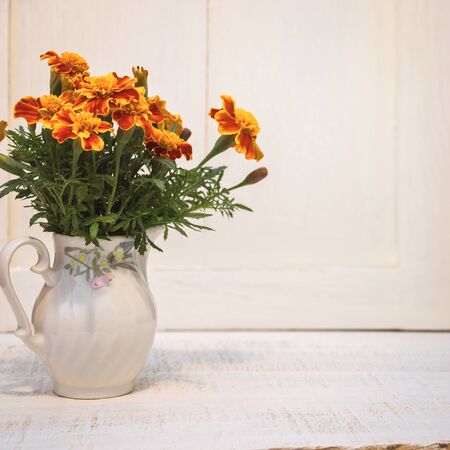Beautiful orange flowers of Tagetes in ceramic vase. Concept of autumn flowers.の写真素材