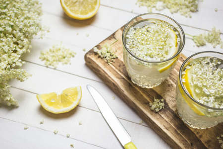 Homemade elderflower lemonade - healthy and refreshing summer drink. Close-up photo with shallow depth of field.の写真素材