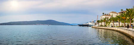 Beautiful panoramic photo of Tivat promenade and Porto Montenegro marina in the Adriatic, Montenegro, Bay of Kotor. Travel concept, background.のeditorial素材