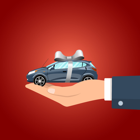 Hand holding car with the gray colored ribbon. Vector illustration.のイラスト素材