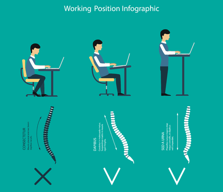 Vector illustration. How to work if you have back pain. Benefits of a standing deskのイラスト素材