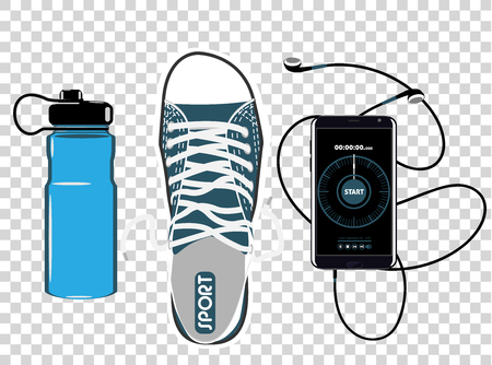 Isolated objects set on transparent background top view. Sport water bottle, smartphone with headphones and sneaker.のイラスト素材