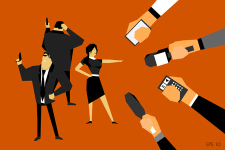 Press conference, a woman gives interviews to journalists, she is protected by armed security. Media on television broadcast vector concept.のイラスト素材