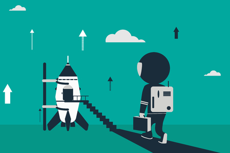 Space program concept. Flat design illustration with rocket and stick figures as astronaut.のイラスト素材