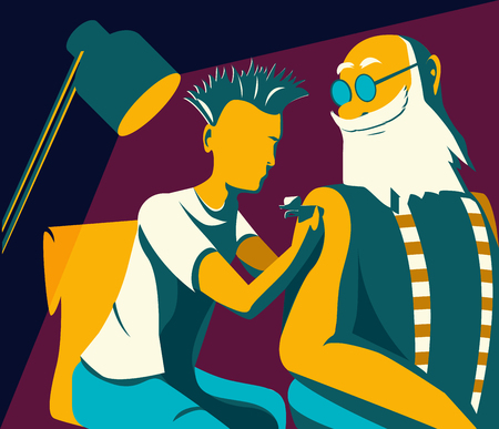 An elderly man with a beard gets a tattoo in the salon. Vector illustration.のイラスト素材