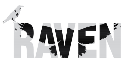 Vector illustration of the raven word with raven  silhouette with the fluttering wings. Double exposure effect. のイラスト素材