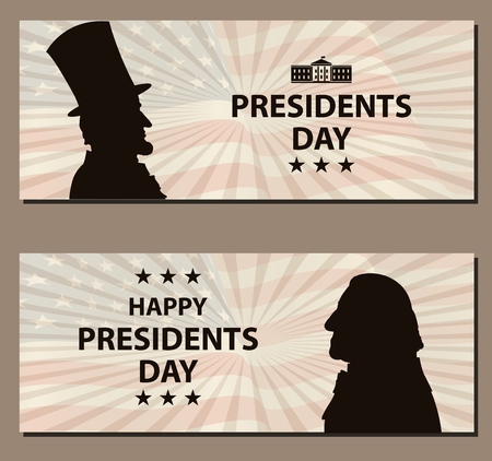 Happy Presidents Day Vintage banner. George Washington and Abraham Lincoln silhouettes with flag as background. United States of America celebration. Vector illustration.のイラスト素材