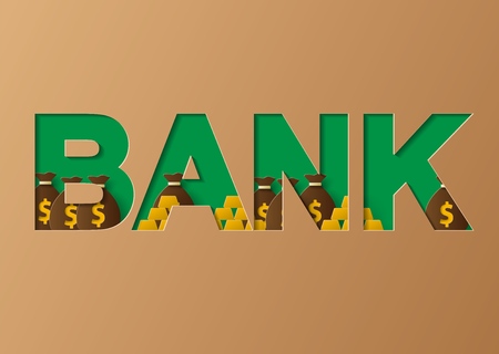 Bank concept. Illustration of a business profits, investment fund, investment, growth of cash savings, budget planning. Illustration in paper cut art style.のイラスト素材