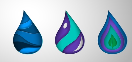 Paper art cartoon water drops. Origami style. Vector illustration set.のイラスト素材